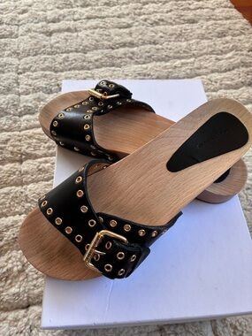 Isabel Marant Black Leather Slide Mules with Gold Eyelets and Buckle